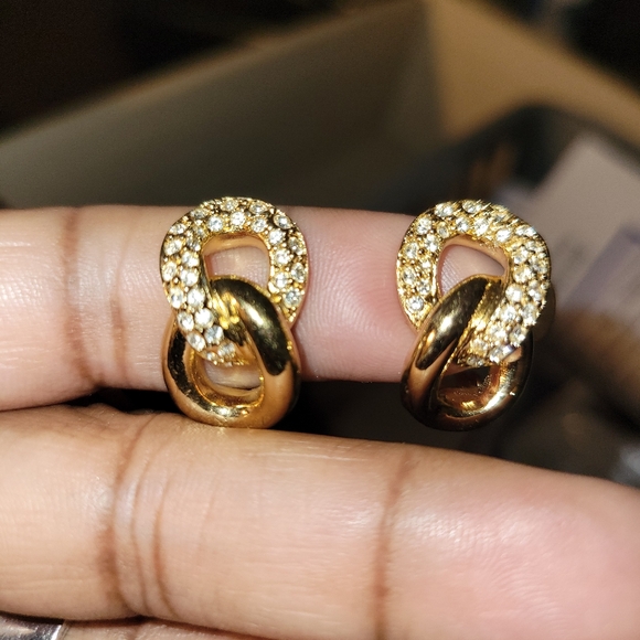 Vintage Christian Dior Gold Plated Crystal Chain Link Hoop Earrings - Picture 2 of 5